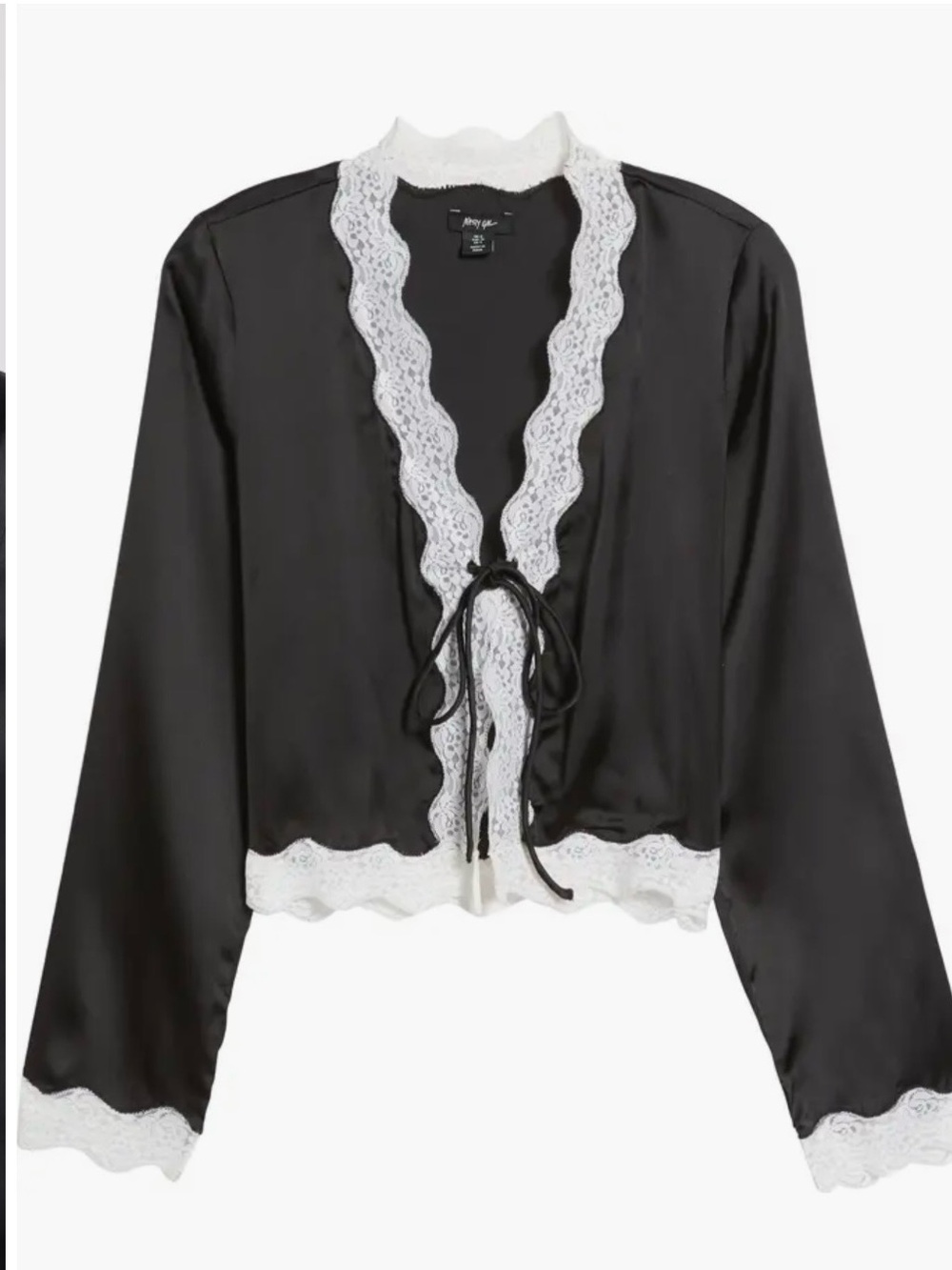 CUTE NWT Nasty Gal Black/White Satin Lace-Trim Tie Front Top. Lingerie look Sz M - Picture 2 of 5
